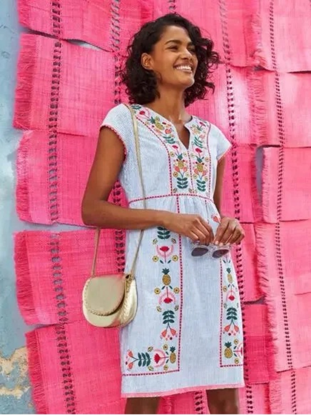 Boden Linen Blend Embroidered Striped Shift Dress Blue White Floral | US 12R - Picture 2 of 5